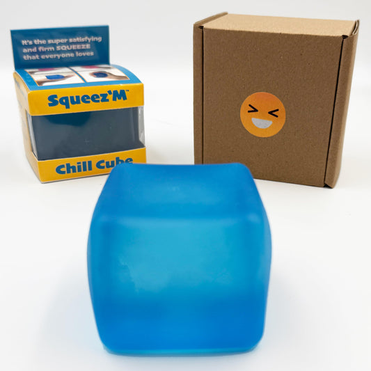 Squeez'M blue cube sensory toy with a firm, satisfying squish for focus.