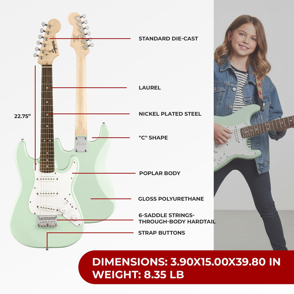 Squier Mini Strat Surf Green bundle includes tuner, cable, and strap.