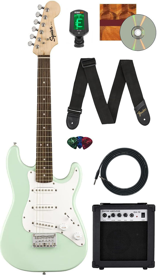 Squier Mini Strat Surf Green bundle with amp, ideal for beginner practice.