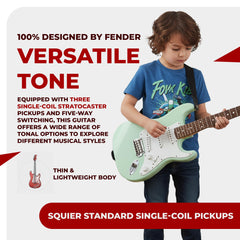 Squier Mini Strat Surf Green three single-coil pickups for versatile tones.