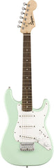 Squier Mini Strat Surf Green side-output jack for easy plugging in.