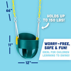Green high back toddler swing seat by Squirrel Products in a compact backyard