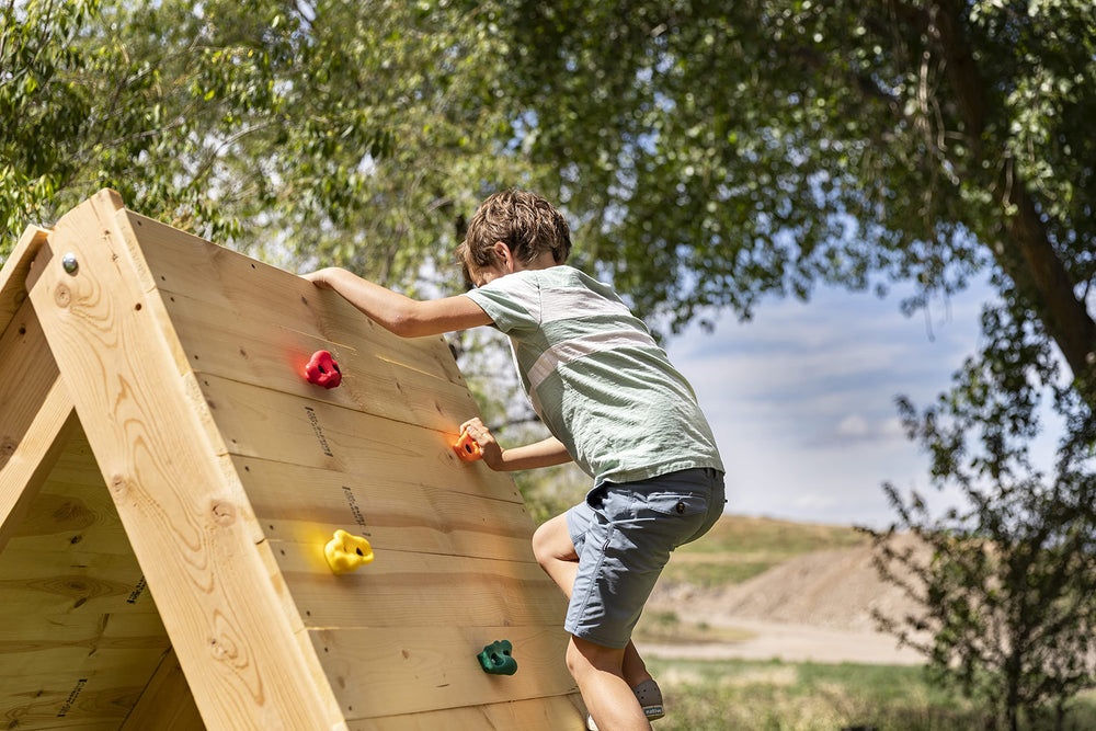 Squirrel Products colorful holds encourage imaginative climbing and play.