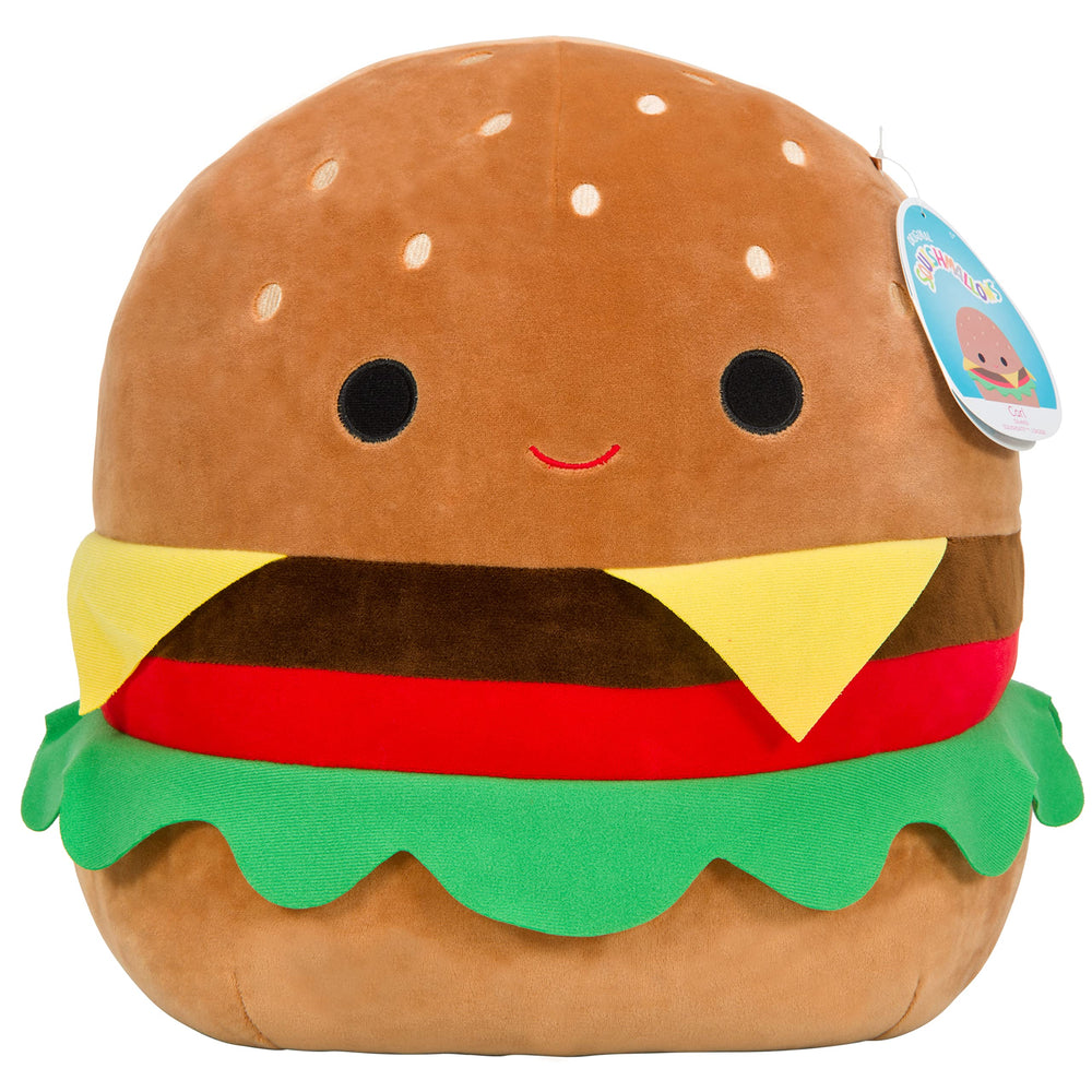 Squishmallows Carl the Cheeseburger 16-inch face close-up for cozy snuggles