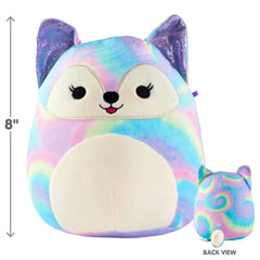Squishmallows Felexine Rainbow Fox in car, perfect travel cuddle buddy.