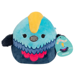 Squishmallows Melrose Cassowary face close-up shows ultra-soft plush for cozy snuggles.
