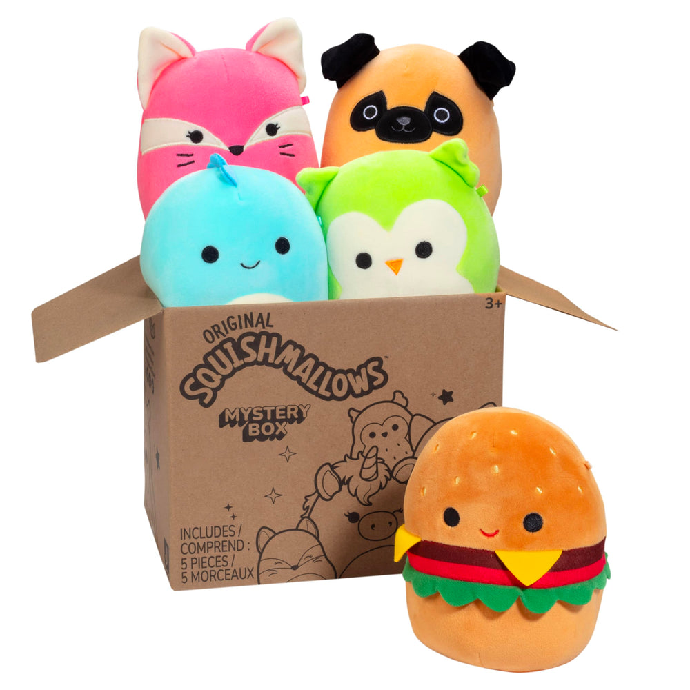 Squishmallows mystery box front view, gift-ready packaging for delight