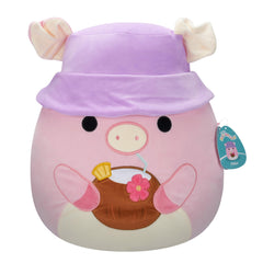 Squishmallows Peter pig with tropical drink and bucket hat offers cozy play and display appeal.