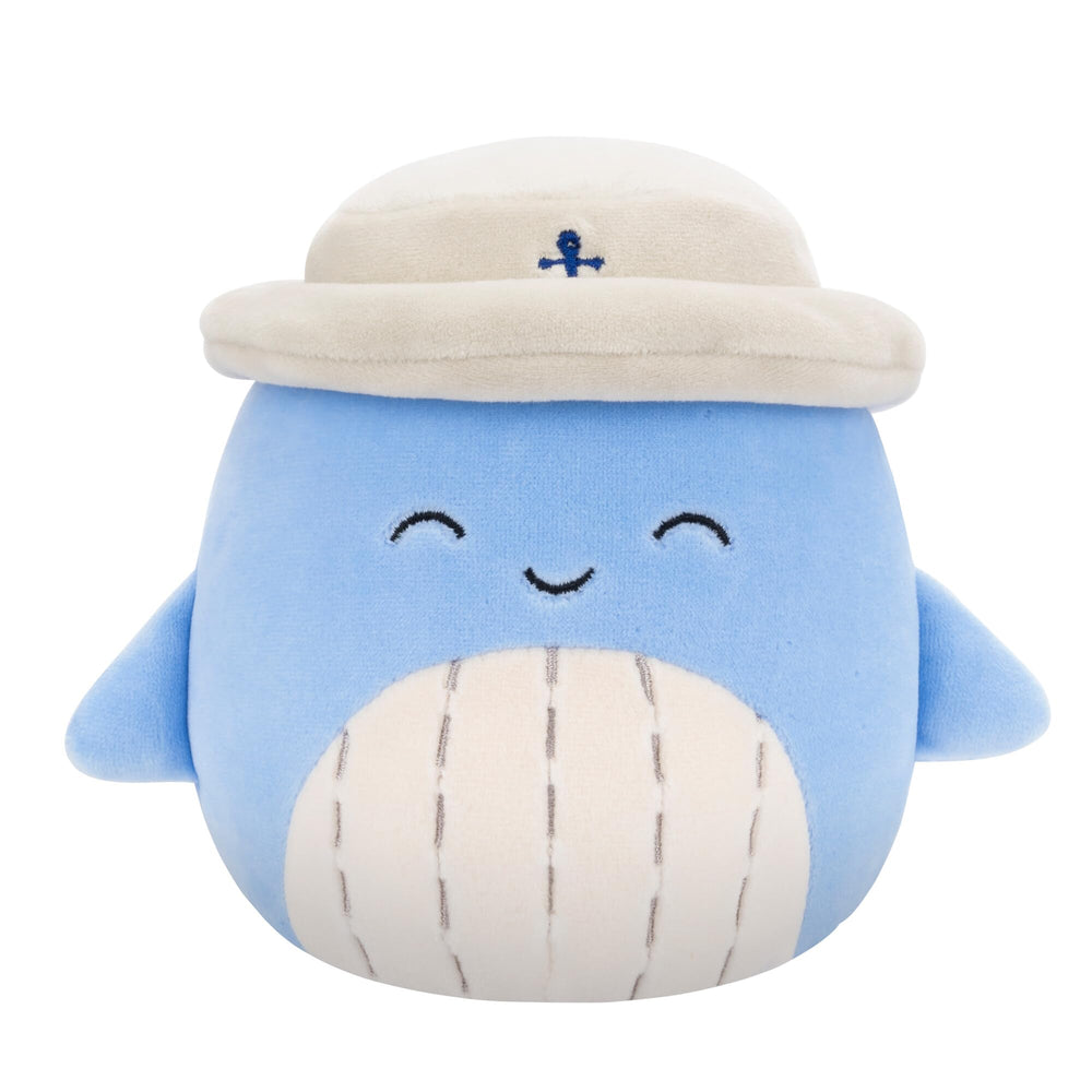 Squishmallows Samir blue whale front view, 5-inch cuddle buddy.