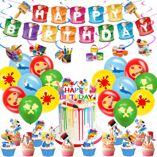 Sratte art balloons with paint-theme designs add vibrant color to birthday decor.