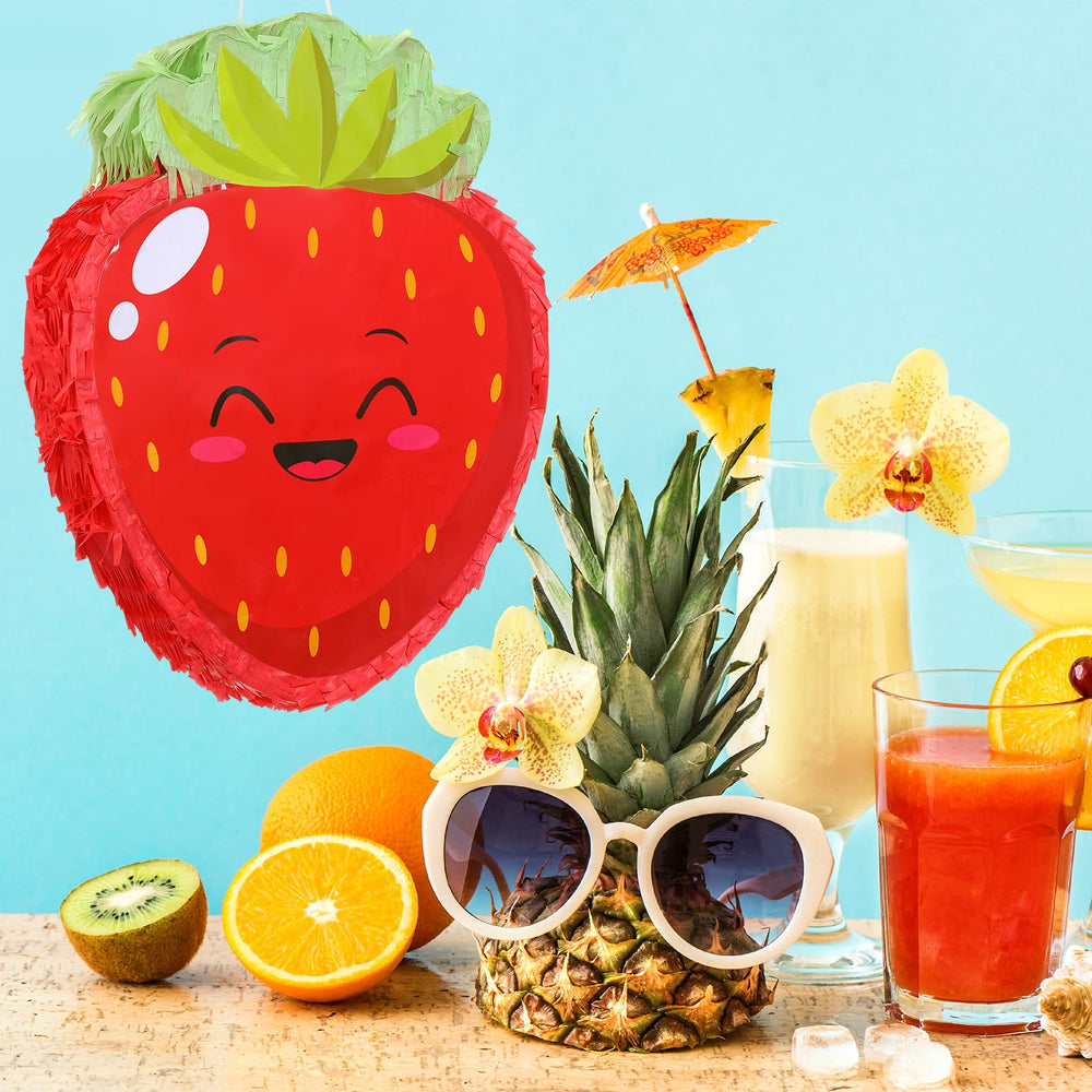 Sratte tropical party scene featuring the strawberry pinata