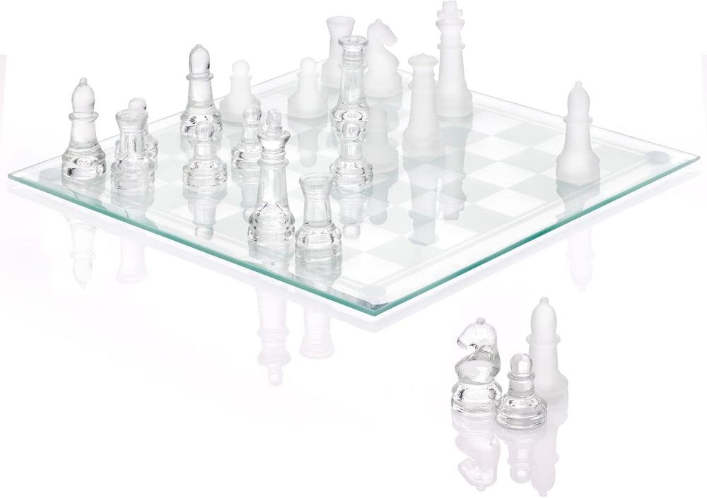 Srenta fine glass chess board on a sleek surface for elegant game nights