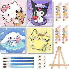 Sretoul four-pack cartoon paint by numbers canvases for kids, beginner-friendly.