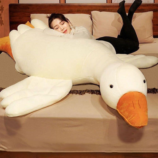 Srutirbo giant white goose plush front view, a soft 51-inch hug pillow offering cozy relaxation