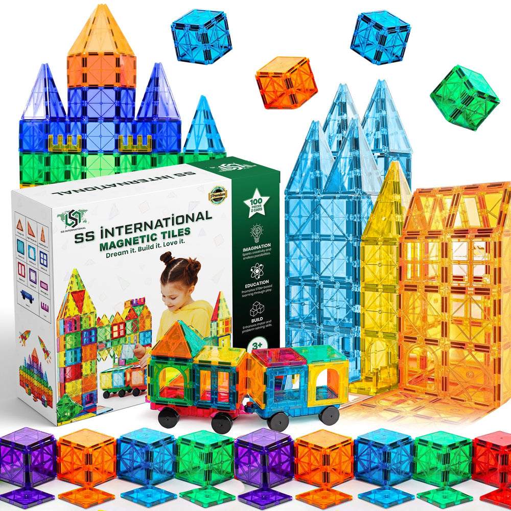 SS INTERNATIONAL magnet tiles 100-piece set enabling creative building and exploration.