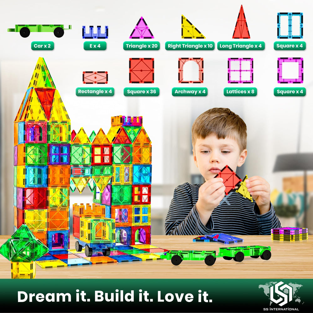 SS INTERNATIONAL magnet tiles with two cars included for imaginative play.