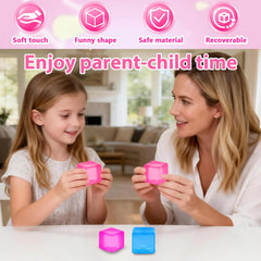 Ssqauvig pink ice cube stress ball sideview illustrates soft-squish feel
