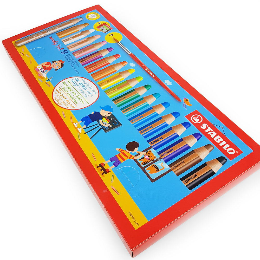 STABILO Woody 3-in-1 pencils with sharpener and brush for easy blending.