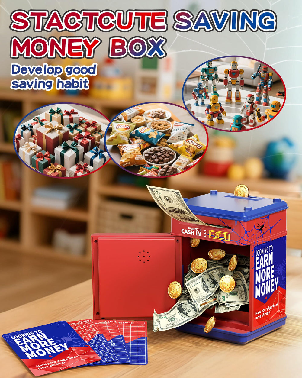 STACTCUTE piggy bank includes saving cards to track goals and progress.
