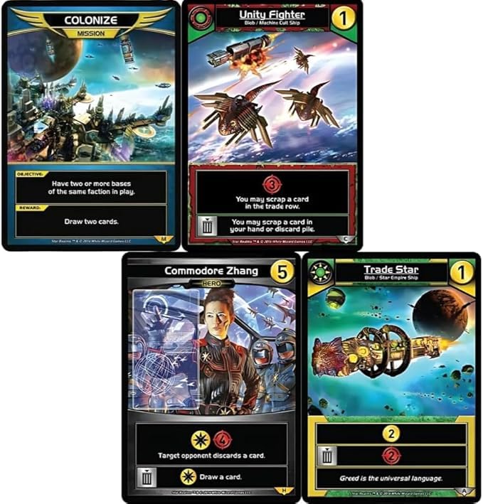 Star Realms Command Decks display featuring heroic cards and strategic gambits.