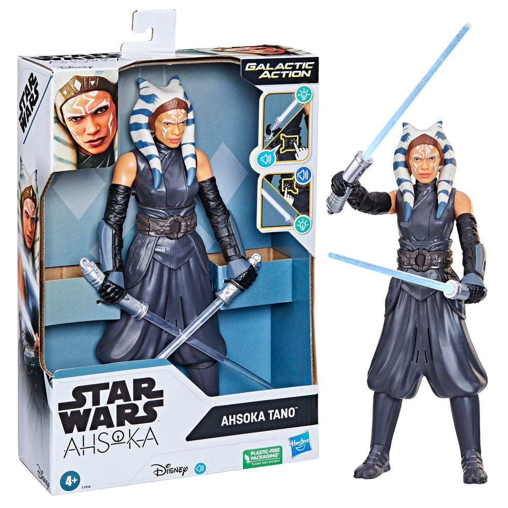 Star Wars Ahsoka Tano figure with glowing white lightsabers for dramatic light-and-sound play.