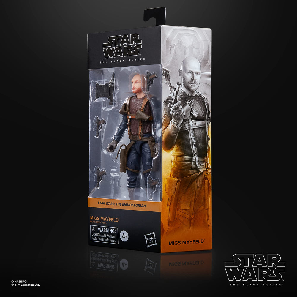 Star Wars Black Series Migs Mayfeld detail and deco enhance collector display.