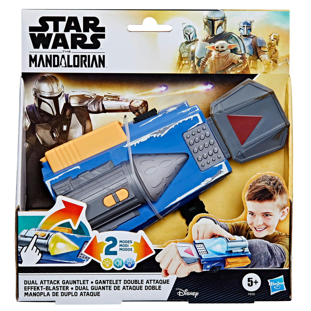 STAR WARS Mandalorian gauntlet shows yellow flamethrower lights for action play.