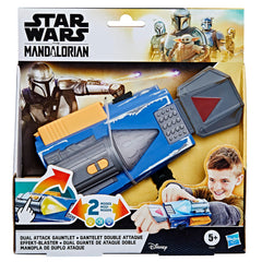 STAR WARS Mandalorian gauntlet shows yellow flamethrower lights for action play.
