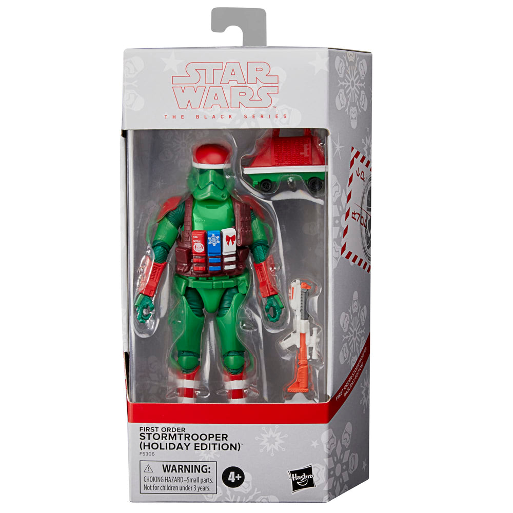 STAR WARS The Black Series First Order Stormtrooper Holiday Edition on shelf display shines.