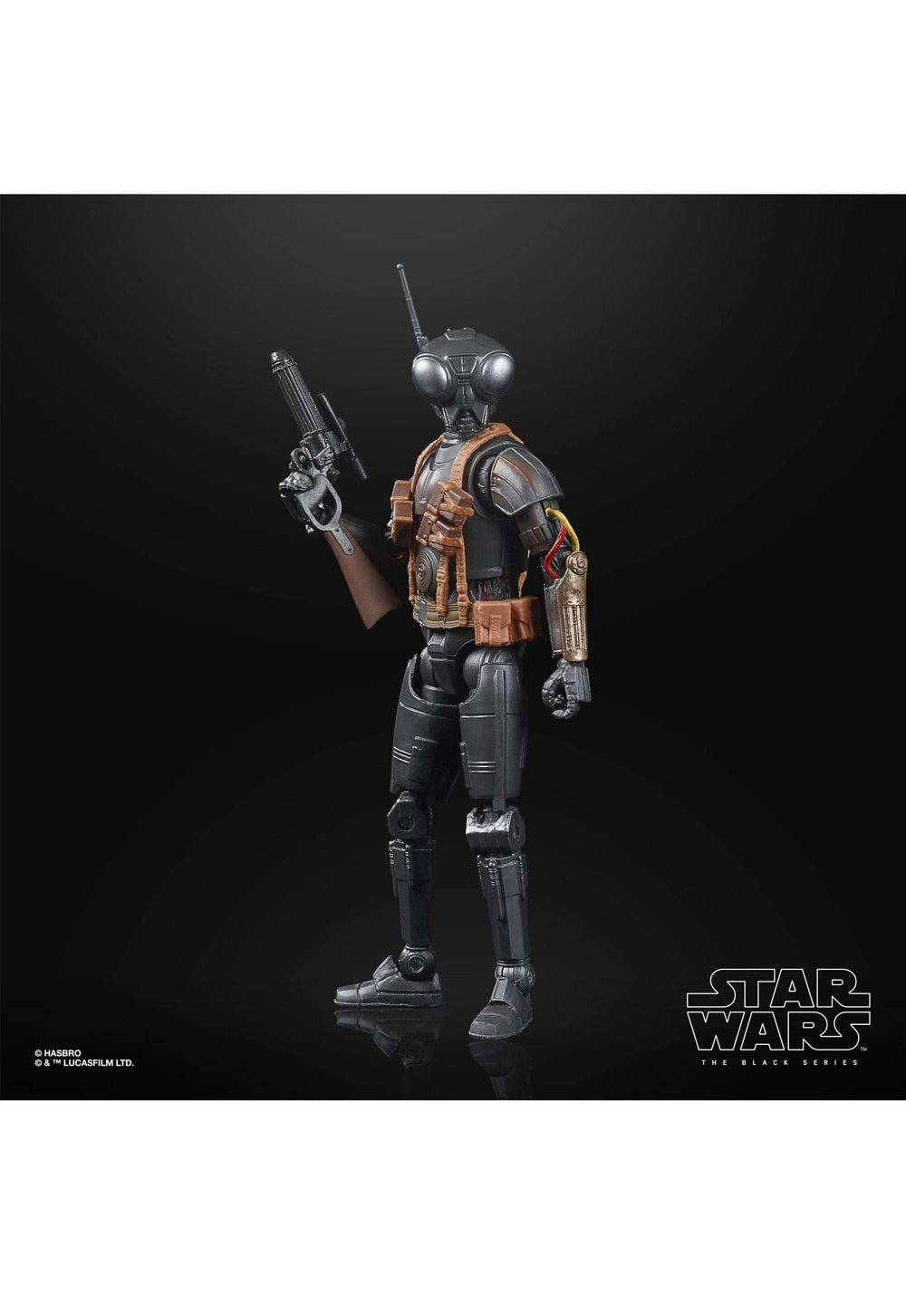 Detachable blaster rifle accessory enhances posing and display options.