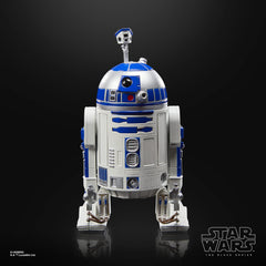 Fully poseable R2-D2 figure supports dynamic poses in a display.