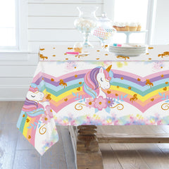 Staraise unicorn tablecloth setting on table creates charming birthday vibes
