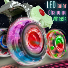 Stargo glow skull monster truck with LED-lit wheels in action for evening play
