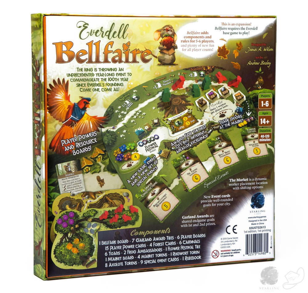 Starling Games Everdell Bellfaire shows 15 power cards for varied strategies