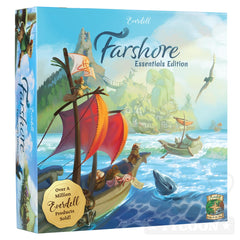 Starling Games Everdell Farshore Essentials cover with vivid coastal art inviting family play