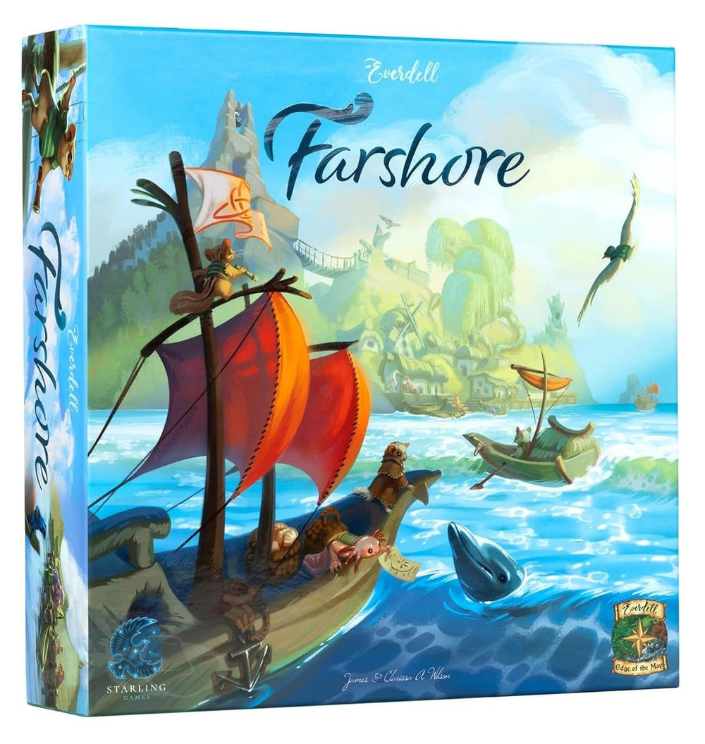 Starling Games Everdell Farshore map tiles open unknown coasts and strategic routes.
