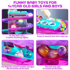 Three mini cars race down a vibrant, multi-color track for fast-paced fun.