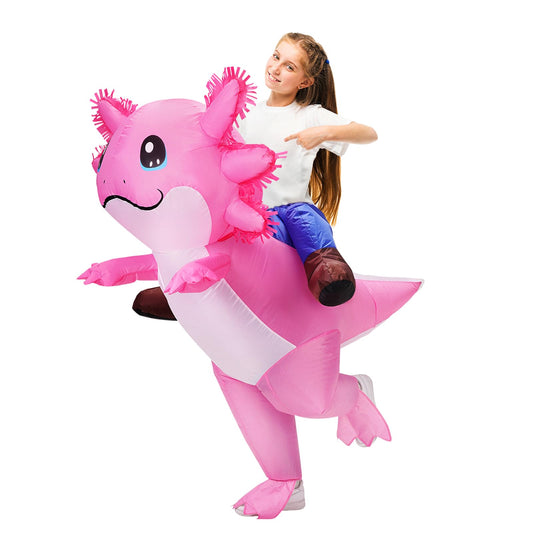 Stegosaurus axolotl costume front view, vibrant kid-friendly design for standout Halloween looks