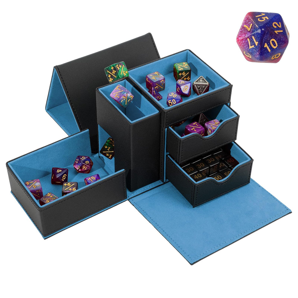Stepane dice box tray-tower on table enables stable, fair dice rolls