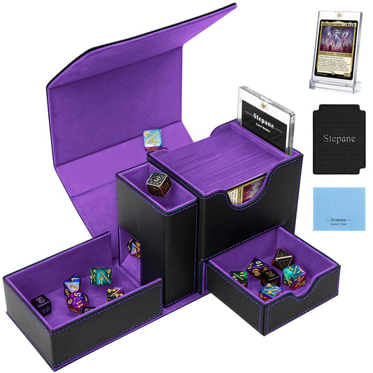 Stepane MTG deck box with dice tower for portable play and quick rolls.