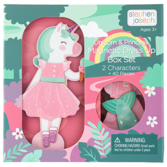 Stephen Joseph magnetic dress-up unicorn on a wooden stand for imaginative play.