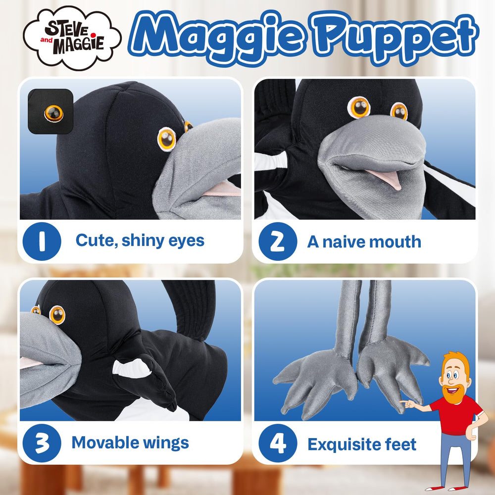 Close-up of 3D eyes and grey beak on the magpie hand puppet by Steve & Maggie.