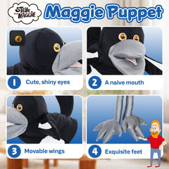 Close-up of 3D eyes and grey beak on the magpie hand puppet by Steve & Maggie.