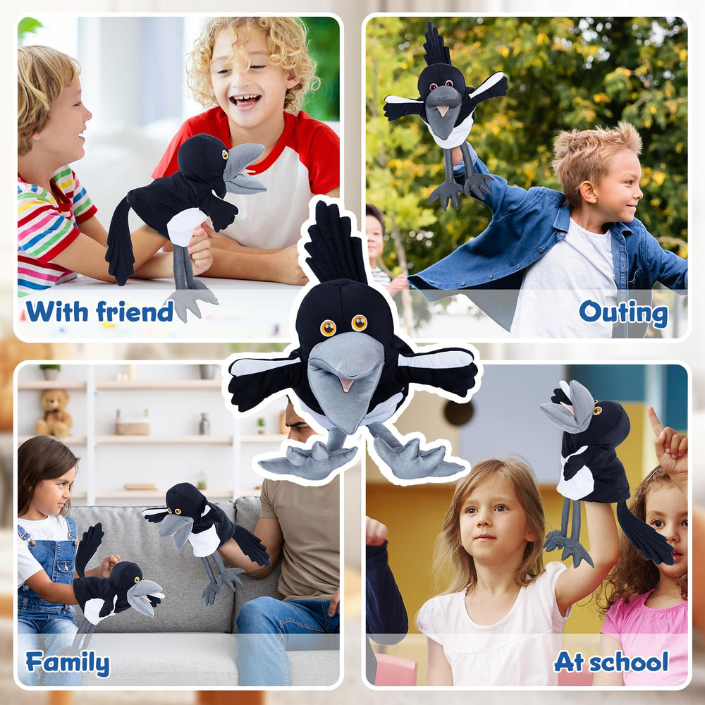 Cuddly Steve & Maggie magpie puppet serves as a comforting snuggle companion.
