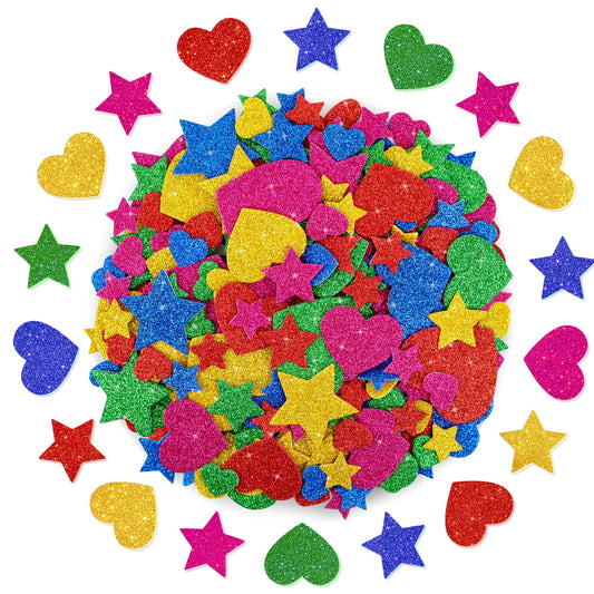 Sticeard glitter foam heart and star stickers in five colors for DIY crafts and party decor.