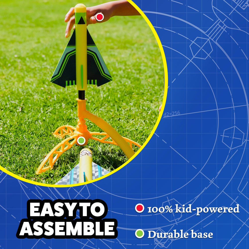 Stomp Rocket adjustable launch stand shows angle control for varied flights.