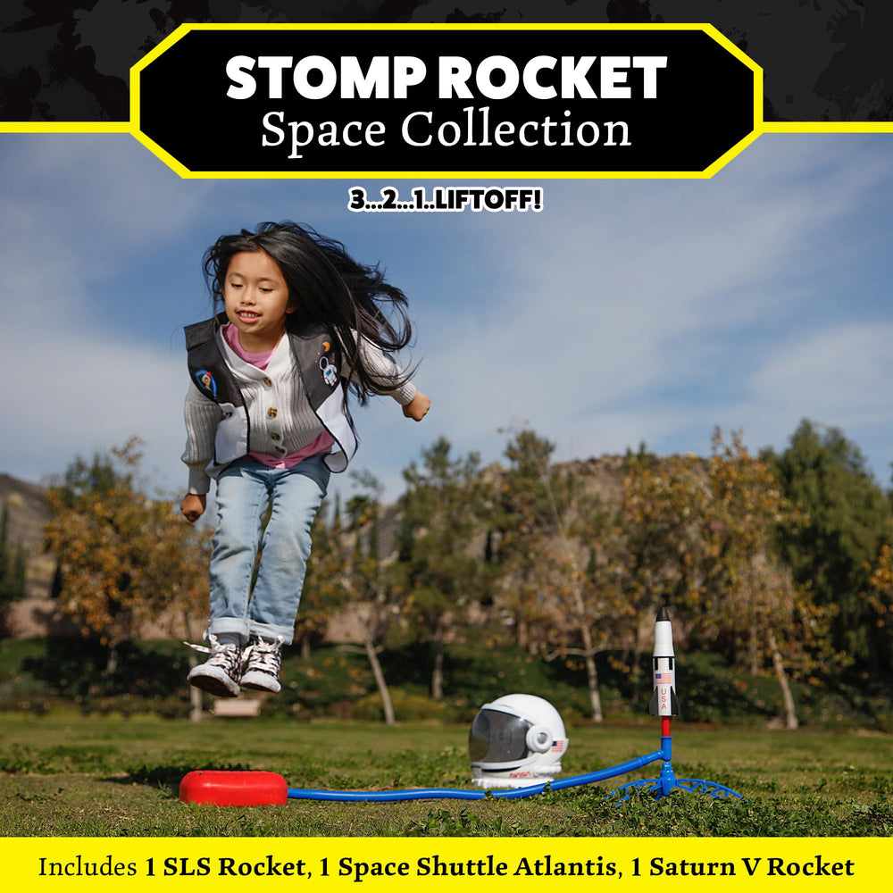Stomp Rocket Space Collection SLS rocket ready for high flying outdoor play.