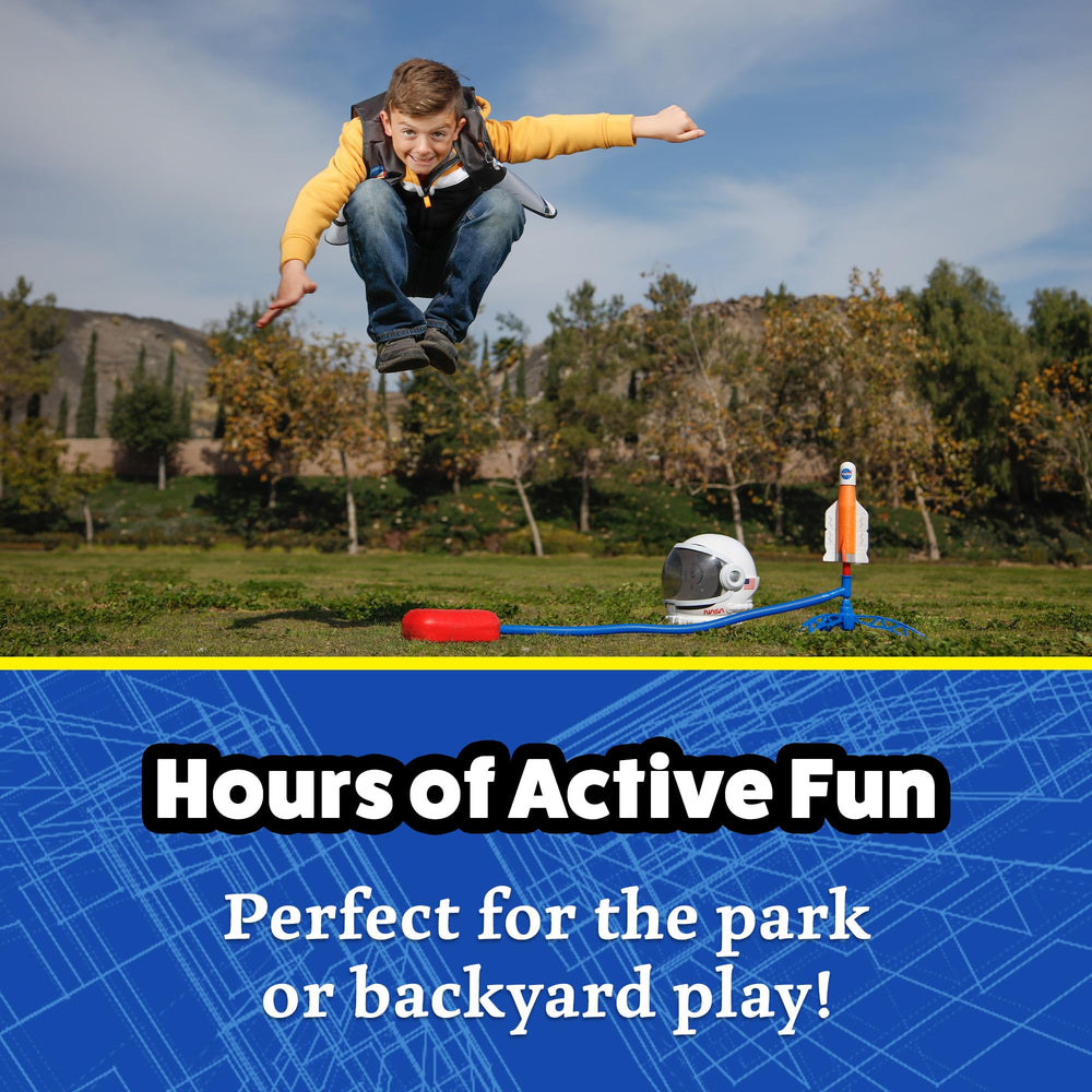 Stomp Rocket Space Collection Space Shuttle Atlantis soaring during creative STEM play.