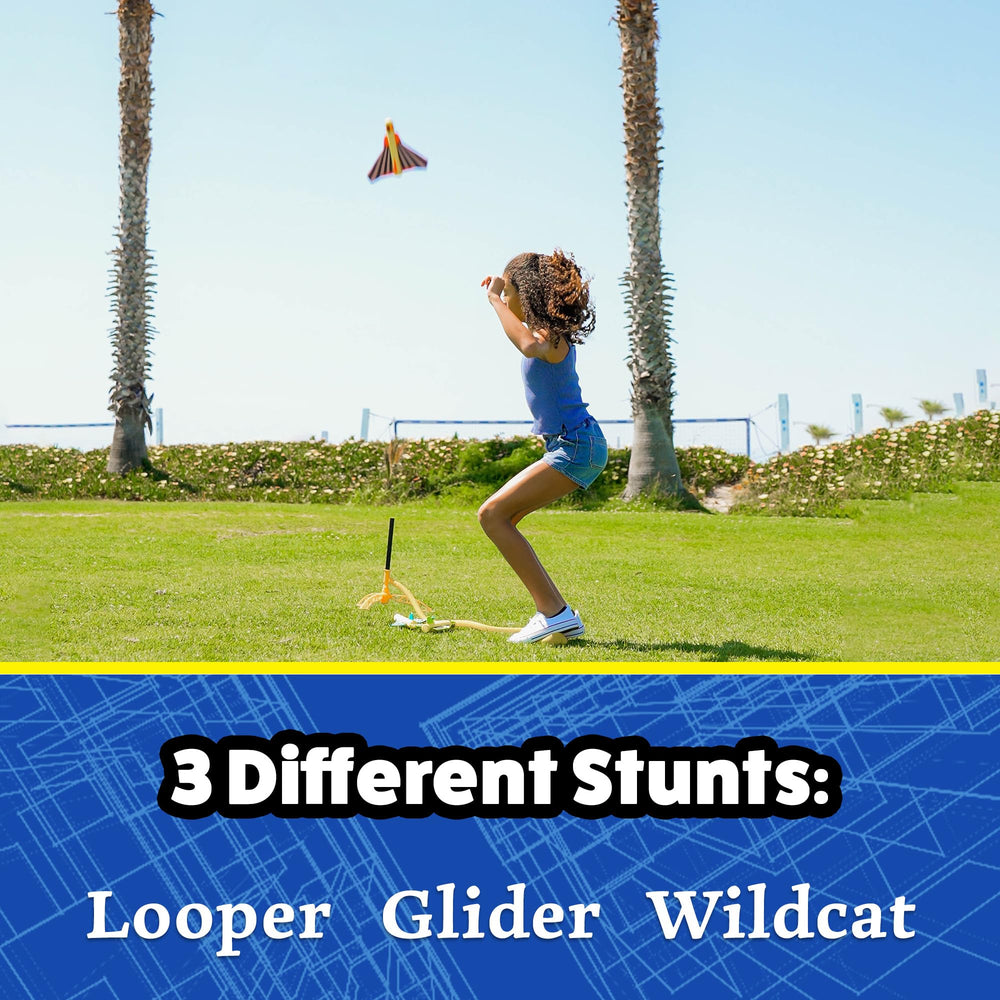 Stomp Rocket Glider plane soaring up to 100 feet on a sunny day.