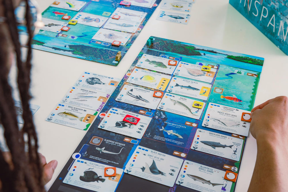 Stonemaier Finspan ready-to-play family game night with friends.